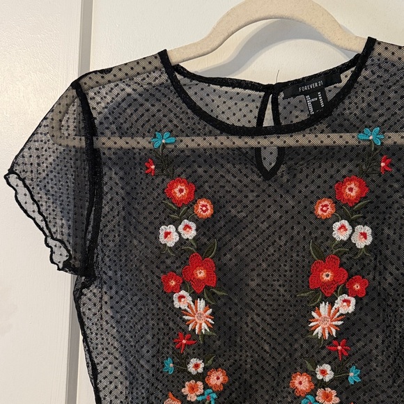 Forever 21 Black Sheer Crop Top with Floral Embroidery - Picture 3 of 6